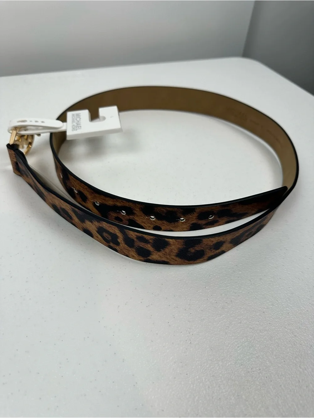 MICHAEL KORS WOMEN LEATHER BELT MK LOGO GOLD BUCKLE‎ CHEETAH LEOPARD PRINT Sz L